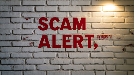 Cautionary message on a textured white brick wall warns of potential scams. Red lettering is illuminated by a warm light, enhancing the urgency and visibility. Scam alert emphasized.