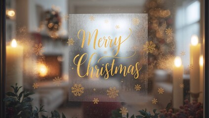 Displaying frosted decal featuring gold Merry Christmas text in living room, with candles glowing