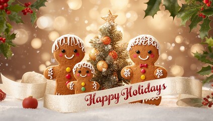 Showing gingerbread trio around mini Christmas tree on holiday table with Happy Holidays ribbon