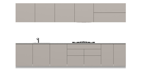 Front View Modern Light Beige Kitchen Cabinet Set with Sink and Stove, Minimal Flat Panel Design, Isolated on Transparent Background