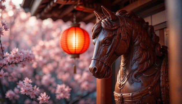 Patung kuda kayu berukir elegan dengan lentera bercahaya dan bunga sakura yang lembut membangkitkan keindahan oriental dan tradisi abadi untuk proyek-proyek budaya.
