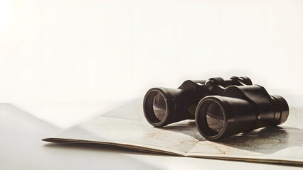 Binoculars placed on a folded map with soft lighting  