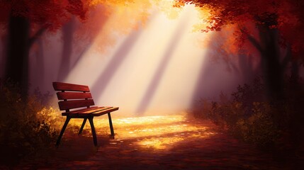 Autumn sunlight illuminating lone park bench in