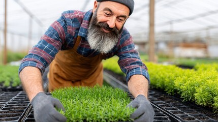 Smiling gardener tending to plants in greenhouse nursery