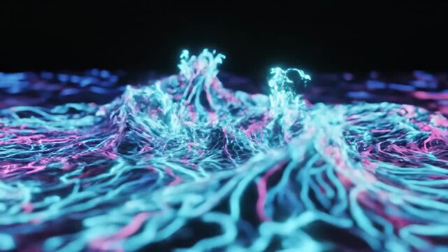 Abstract wavy pattern of illuminated liquid surface forming and dissolving complex organic digital shapes symbolizing connectivity and transition energy, clean, design