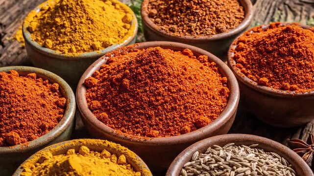 Variety of colorful Indian spices in clay bowls