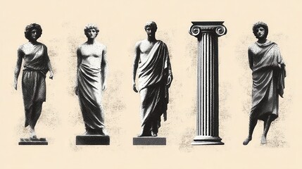 Ancient Greek statues column reflecting classical art architecture