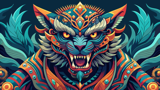 Very beautiful stylized depiction of a fierce shape-shifting creature from ancient epics, featuring ornate patterns, sharp claws, dramatic expression, and balanced vector composition ideal for fantasy
