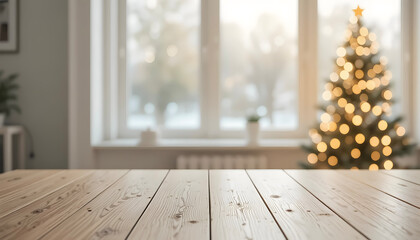 Wooden Table with Blurred Christmas lights Background for Display Product