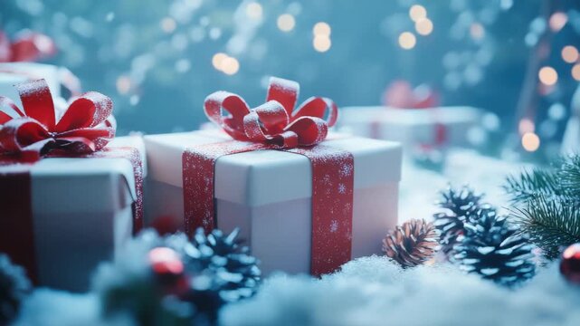 A white box with a red bow on top of it. The box is on top of a pile of pine cones