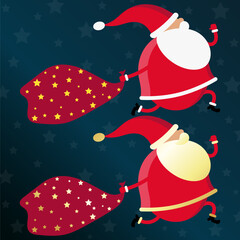 Santa Claus runs with a sack of gifts in his hand