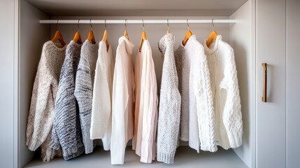 Neatly organized white sweaters hanging in modern wardrobe