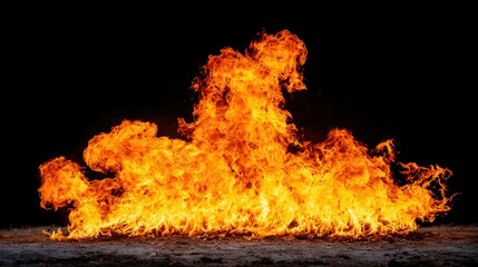 Flames of intense yellow-orange fire blazing on dark background
