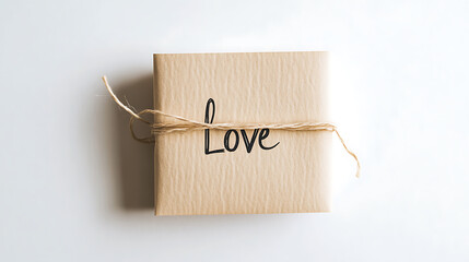 A beautifully wrapped present with the word "Love" inscribed on the box, gently wrapped in a rustic twine. A simple reminder of kindness and friendship, love is free to share!