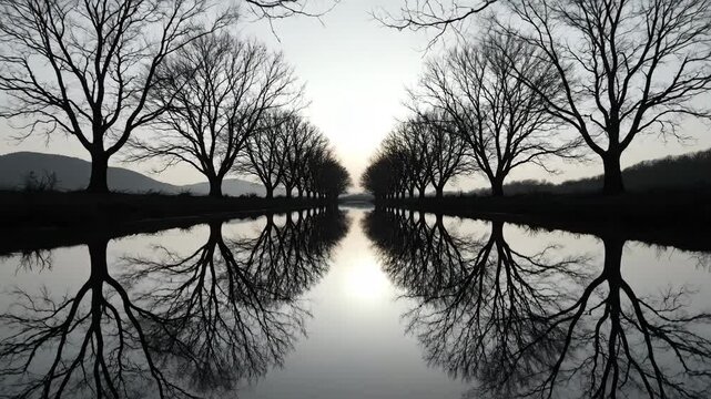 Symmetrical reflection of bare trees in calm water during sunset.