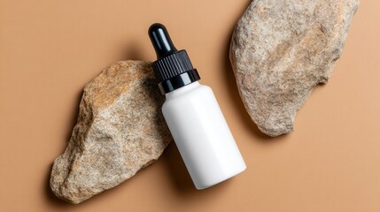 Natural skincare bottle with dropper on stones background