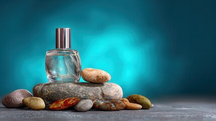 Perfume bottle surrounded stones on turquoise background