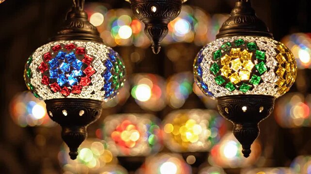 Beautifully Crafted Mosaic Turkish Lamps Illuminate a Cozy Atmosphere.
