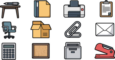 Office supplies icons pen chair printer paper box stapler calculator stationery desk