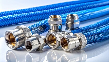 Braided blue plumbing hoses with metal fittings