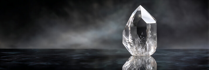 Obraz premium Clear quartz crystal with mystical smoke on dark background - spiritual healing gemstone meditation and metaphysical energy concept
