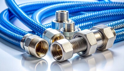 Braided blue plumbing hoses with metal fittings