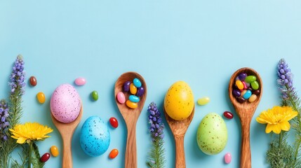 Easter eggs candy on wooden spoons with flowers on pastel blue background
