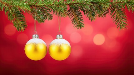 Christmas ornaments hanging on festive tree branch