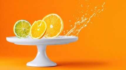 Citrus slices with splashing water on vibrant orange background