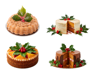 Beautiful delicious Christmas cake with holly leaves and red berries isolated on a transparent background illustration