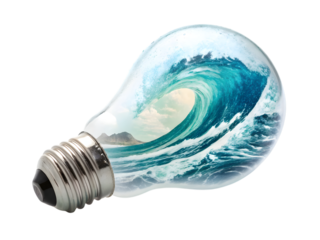 Ocean Wave Breaking Inside a Light Bulb, isolated on white background.