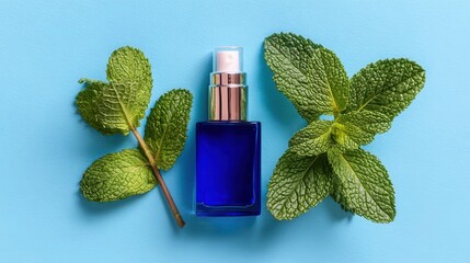 Mint leaves blue perfume bottle on light blue background