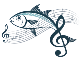 Tuna Fish Swimming on Musical Staff and Clefs, isolated on white background.