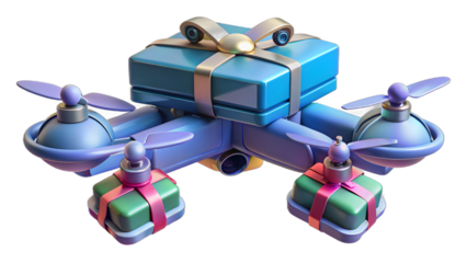 3D Rendered Christmas Delivery Drone with Blue Gift Boxes, isolated on white background.