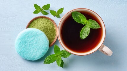 Herbal tea with mint matcha powder on minimalist blue table