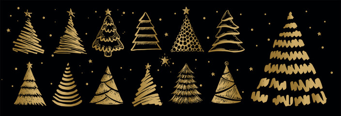 Christmas gold tree on black hand drawn illustrations.