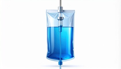 Blue IV fluid bag hanging in clinical setting