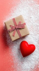 Gift box red heart on powdered sugar background