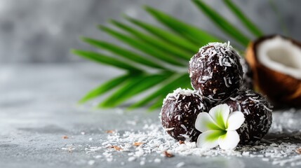 Coconut desserts with chocolate truffles tropical background