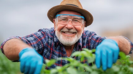 Happy senior gardener harvesting plants