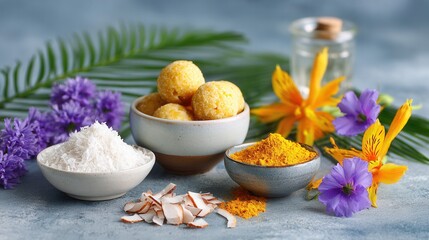 Tropical spa ingredients with flower petals sea salt