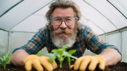 Gardening enthusiast tending to plants in greenhouse