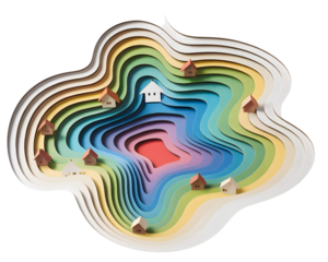 Layered Paper Topography with Miniature Houses, isolated on white background