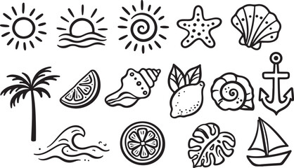 Summer illustration graphic elements, hand drawn doodles, icon or sticker set line art line art black and white