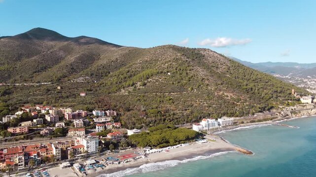 A panoramic drone shot of the Italian Riviera, Liguria, Province of Savona. Aerial view 360 of the sea and the promenade of Ceriale near Loano.