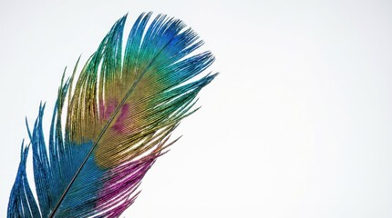 Obraz premium Colorful vibrant feather with iridescent hues and copy space. Exotic bird plume for Carnaval decoration, wedding invitation, greeting card.