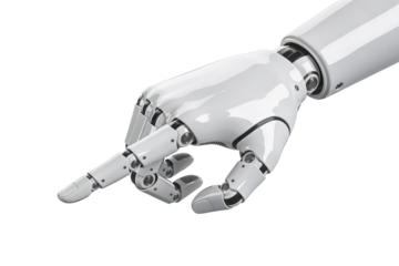 Futuristic robotic hand pointing forward on transparent background, dynamic png clipart for tech interfaces, innovation concepts, tutorials, infographics, AI presentations and dashboards.