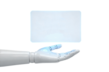 Robotic hand holding an empty glowing rectangular panel on transparent background, ideal png clipart for UI mockups, business infographics, tech banners and futuristic presentations.