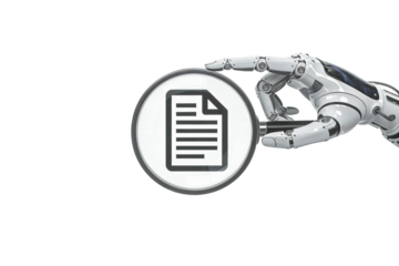 Robotic hand gently holding a document icon on transparent background, perfect png clipart for digital files, online contracts, document management, cloud storage and business infographics.