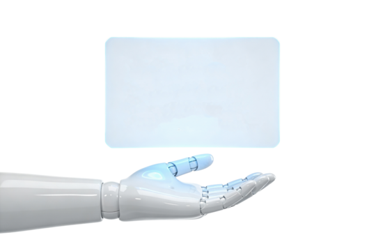 Robotic hand holding an empty glowing rectangular panel on transparent background, ideal png clipart for UI mockups, business infographics, tech banners and futuristic presentations. - Powered by Adobe